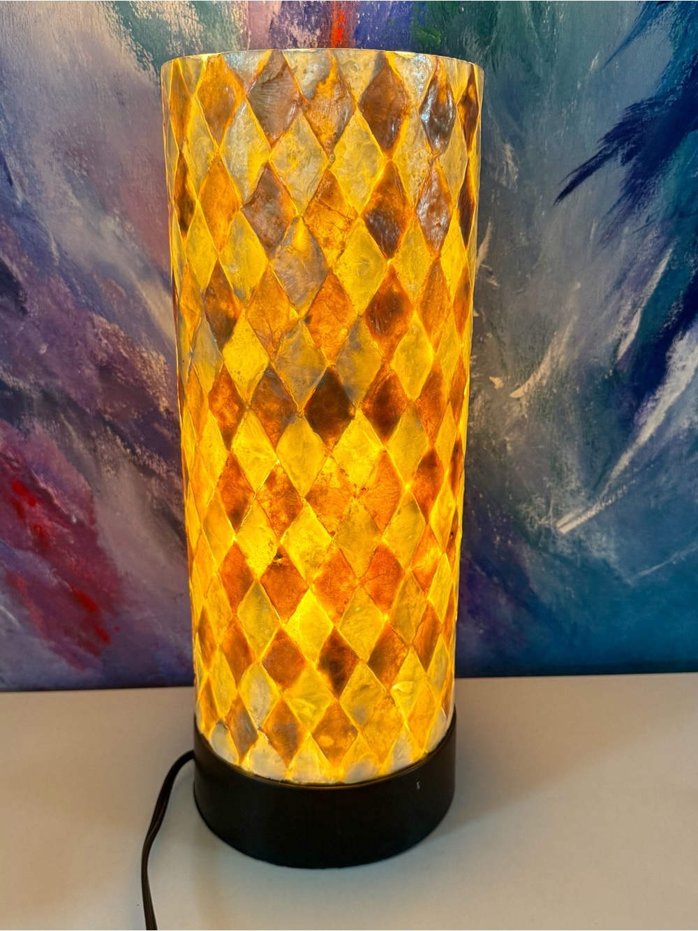 Capiz Shell Pillar Lamp Electric Plug-In Diamond Pattern Beach House Coastal
